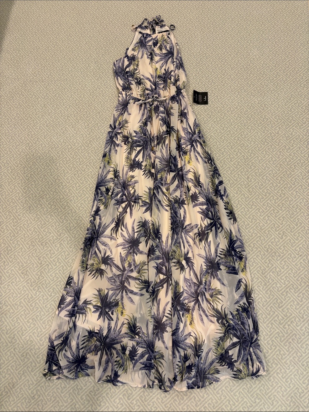 NWT White & Blue Palm Print Halter Maxi Dress